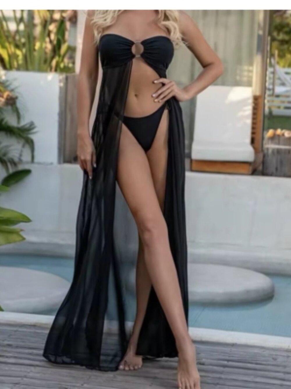 Victoria's Secret Flyaway Black Gold Chiffon Strapless Maxi Coverup Dress S